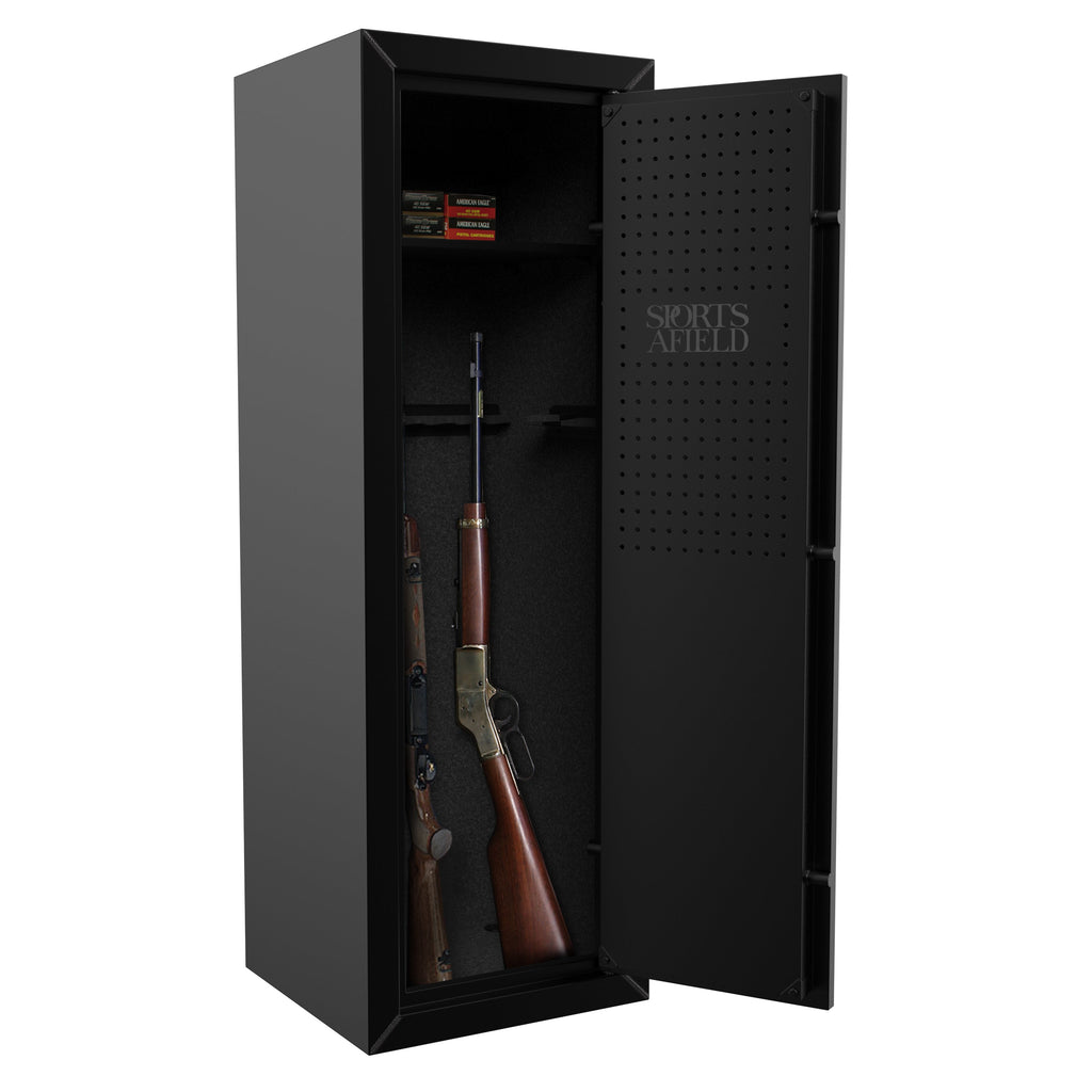 Sports Afield SA5314GS 14 Gun Cabinet Black Door Open with Rifles